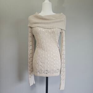 Ruff Hewn Sweater Womens S Beige Open Knit Off Shoulder Long Sleeve Pullover Y2K